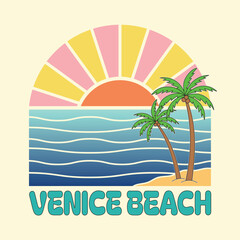 Obraz premium Vector art of retro sunset over the ocean with palm trees and the text venice beach, vintage summer vacation graphic