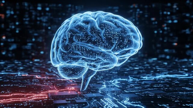 Glowing blue digital brain with intricate circuitry on a dark background with glowing circuit board elements - Powered by Adobe