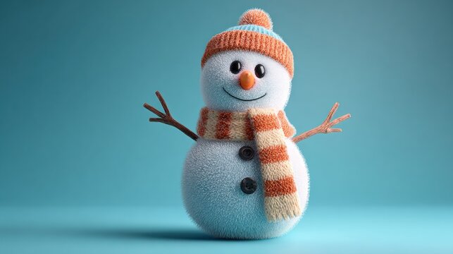 Cheerful snowman with striped scarf and hat, ready for winter fun