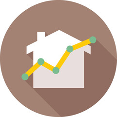 Modern Graphic Icon Representing Real Estate Market Growth With A White House Silhouette And Yellow Line Graph On Brown Circular Background With Long Shadow
