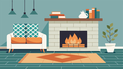 Obraz premium A cozy corner of the living room with a white brick fireplace a patterned rug and a mix of textured throw pillows.