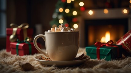 Cozy Christmas Fireplace Scene Hot Cocoa, Marshmallows, Gifts, and Tree Bokeh_12