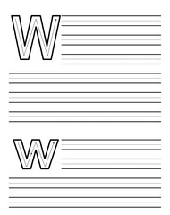 Tracing sheet for learning to write uppercase and lowercase letter W. Worksheet for kindergarten and preschool students practicing alphabet. Exercise pad for children with dotted guide rows