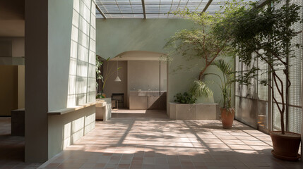 Minimalist architectural interior with natural light, green plants, and terracotta tiles. Calm atmosphere for lifestyle, interior, or architectural design use