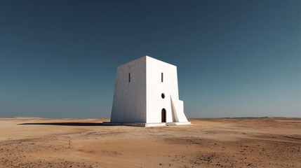 Minimalist architectural structure standing in a vast desert landscape under a deep blue sky, perfect for design, architecture, or surreal landscape themes