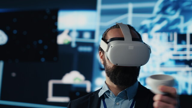 Professional technician uses VR headset and AI brain functions, working on data visualization interface for machine learning algorithms. High tech device for innovation. Camera A.