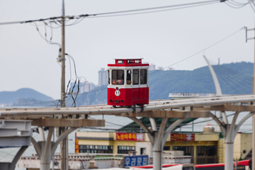 Haeundae Blue Line Park, Busan, ride on multicoloured sky capsule train, railway tram route from Mipo to Cheongsapo station, coastal monorail in Busan, Yeongnam, South Korea, Republic of Korea travel