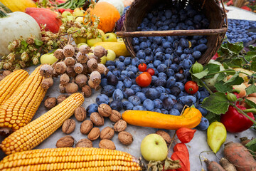 Traditional harvest celebration artwork made from fruits, vegetables, and grains