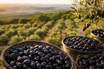 Olive harvest scene with baskets of freshly picked black olives in foreground, olive tree branch with ripe fruit, and orchard rows glowing in golden hour light with copy space