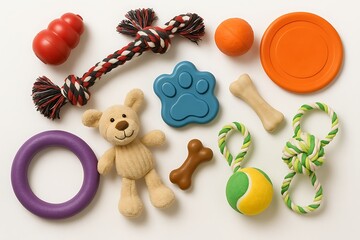 Collection of colorful dog toys including rubber ball, rope, frisbee, plush bear, and chew bones arranged on white background with copy space