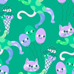 Birthday party seamless cats pattern for wrapping paper and fabrics and linens and kids clothes print