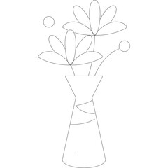 Outline Drawing of a Flower Vase With Blossoms And Buds On A Transparent Background In Black And White