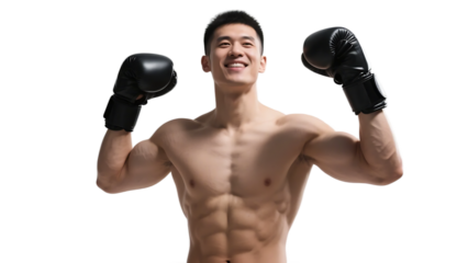 A confident muscular man in boxing gloves displays his strong and well-defined physique, emphasizing fitness and athleticism.