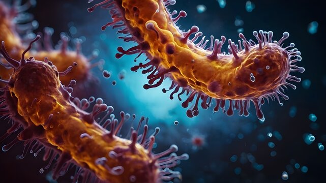 a bacteria of Mycoplasma pheumonia,macro.Neon art.Peach Fuzz colour of Pantone.