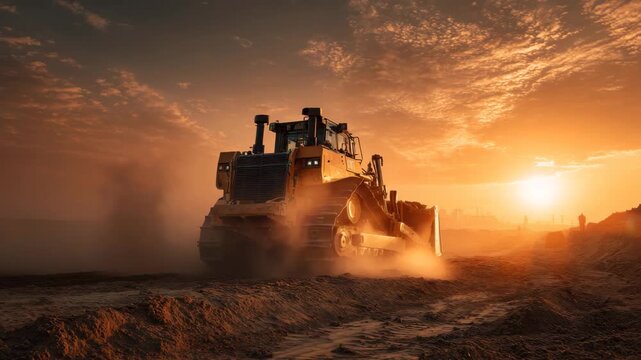 Bulldozer working at sunset in construction site