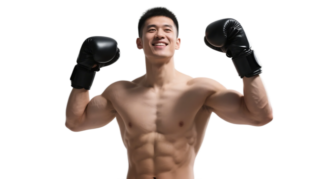 A confident muscular man in boxing gloves displays his strong and well-defined physique, emphasizing fitness and athleticism.
