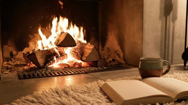 Warm Fireplace Ambience with Mug and Open Book on Fluffy Rug