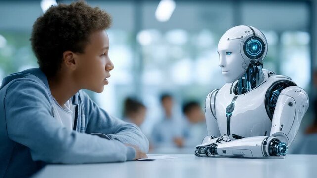 A child and a lifelike robot sit across from each other, symbolizing the future of education and artificial intelligence. The background suggests a collaborative, innovative learning environment