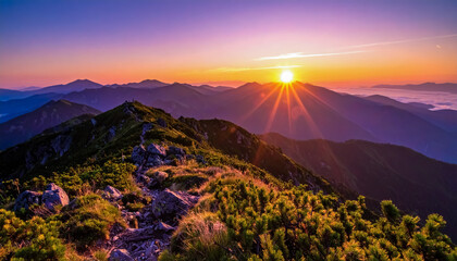 A Vibrant Sunset over Mountain Ridges with Golden Light and Pink Sky Seen from a Scenic Summit Trail