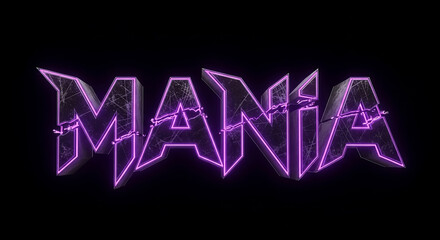 Mania word in shattered purple neon typography 3d
