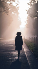 A Solitary Silhouette Walking into Morning Fog along a Quiet Road Surrounded by Trees and Light