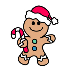 Cute Gingerbread Man with Santa Hat and Candy Cane