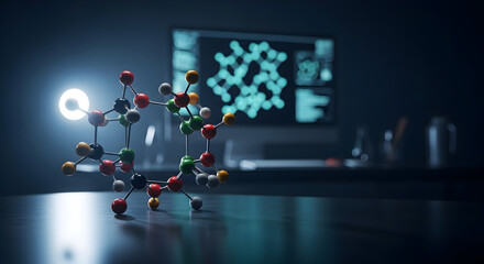 A detailed molecular model illuminated on a dark laboratory desk with a computer screen showing scientific data in the background.