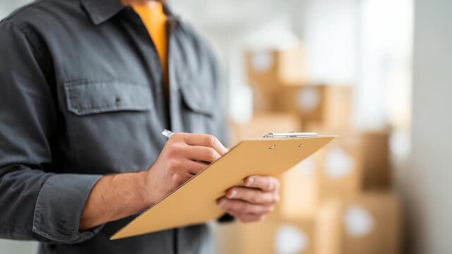 Man in industrial workwear conducts inventory management with clipboard in a warehouse filled with packages. Logistics and supply chain professional records data for shipping and storage efficiency