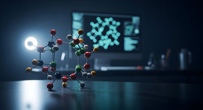 A detailed molecular model illuminated on a dark laboratory desk with a computer screen showing scientific data in the background.
