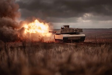 Fototapeta premium M1 abrams main battle tank firing main gun