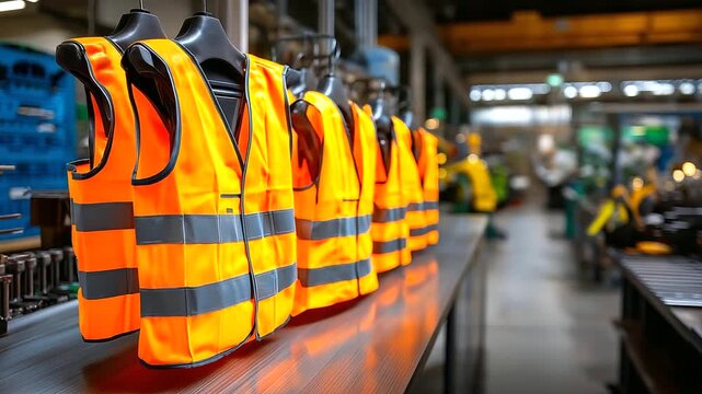 Clean workshop environment &mdash; row of vests in bright safety orange, metallic surfaces and tools arranged neatly in background, with copy space.