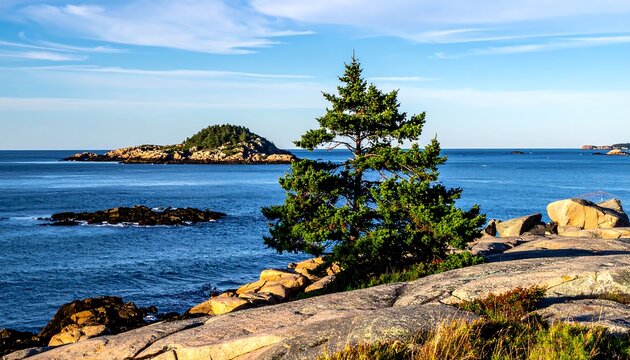 Coastal scene with a tree, ocean, small island, and blue sky