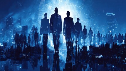 Business silhouettes against a futuristic city landscape with bright blue lights and a digital world map in the background, representing innovation and technology.