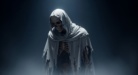 Grim reaper skeleton wearing tattered cloak emerging from dark mist