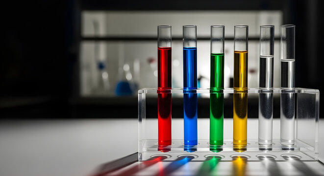 Colorful liquids in test tubes in a laboratory setting.