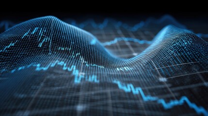 Abstract digital landscape with glowing data points and fluctuating lines representing financial analysis, technology, and data visualization concepts