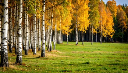 Autumnal birch grove bathed in golden light