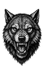 Fototapeta premium Angry Wolf Head Frontal View – Vintage Engraving Illustration of a Symmetrical Wolf Face with Sharp Fangs and Wild Energy, Black and White Etching, Vector and PNG Isolated on Transparent Background