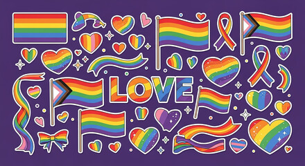 Lgbtq plus pride loving community stickers and flags set