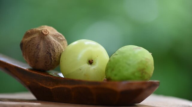 Indian Gooseberry ,terminalia chebula and terminalia bellirica fruits  on natural background.