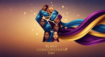 Unity, strength, and awareness symbolized by faces within a raised fist, celebrating Black Consciousness Day, vibrant ribbons flow, representing heritage and pride, November 20th Brazil.