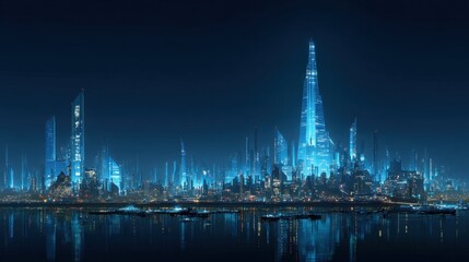 Obraz premium Futuristic city skyline at night with glowing buildings and reflections in water, showcasing advanced architecture and vibrant lights in a modern setting