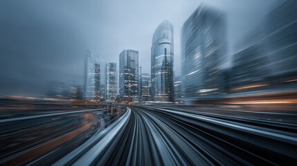 Fototapeta premium Dynamic cityscape with blurred motion capturing the essence of urban life and contemporary architecture in a sleek winter atmosphere at dusk