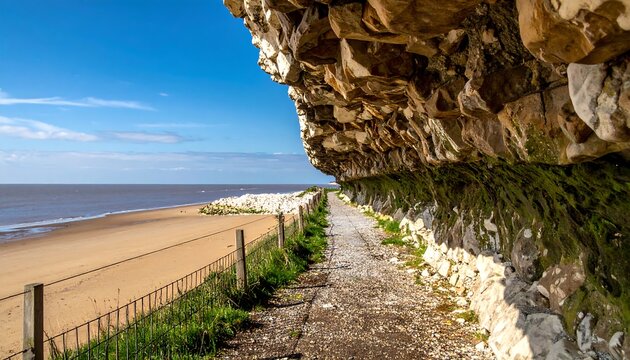 Coastal scene with cliffside path, sandy beach, ocean, and blue sky
