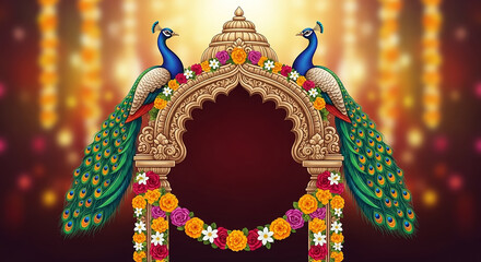 Peacocks adorning traditional indian arch with garlands