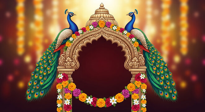 Peacocks adorning traditional indian arch with garlands