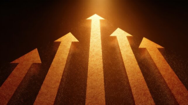 Dynamic upward arrows symbolizing growth, progress, and success with warm golden tones creating an inspiring atmosphere for motivational concepts