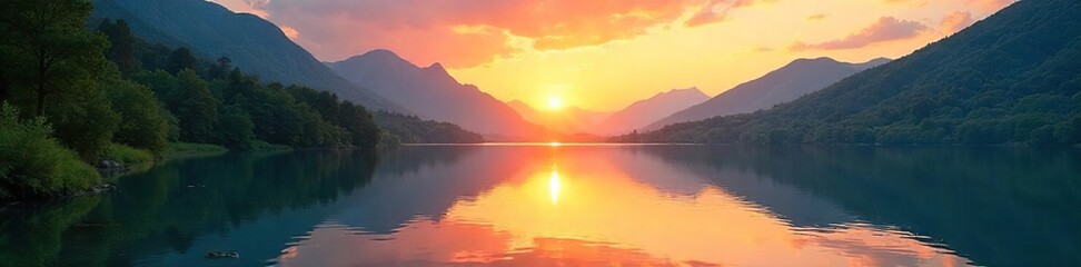 Obraz premium Serene Sunset Lake Tranquil Landscape Photography, Peaceful Mountains, Lush Green Trees, Vibrant Colors, Perfect for Wellness, Nature, and Relaxation Themes
