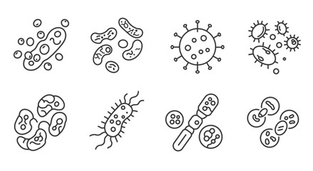 Illustrative depiction of various bacteria and virus structures in outline style