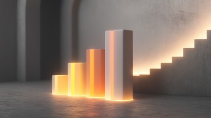 Abstract modern design showcasing glowing bar graphs in a minimalistic setting with stairs and soft lighting, ideal for financial and growth concepts